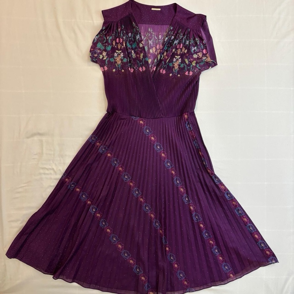 Purple Floral Midi Dress with Micro Pleated Skirt Vintage‎ 70s - Picture 5 of 8
